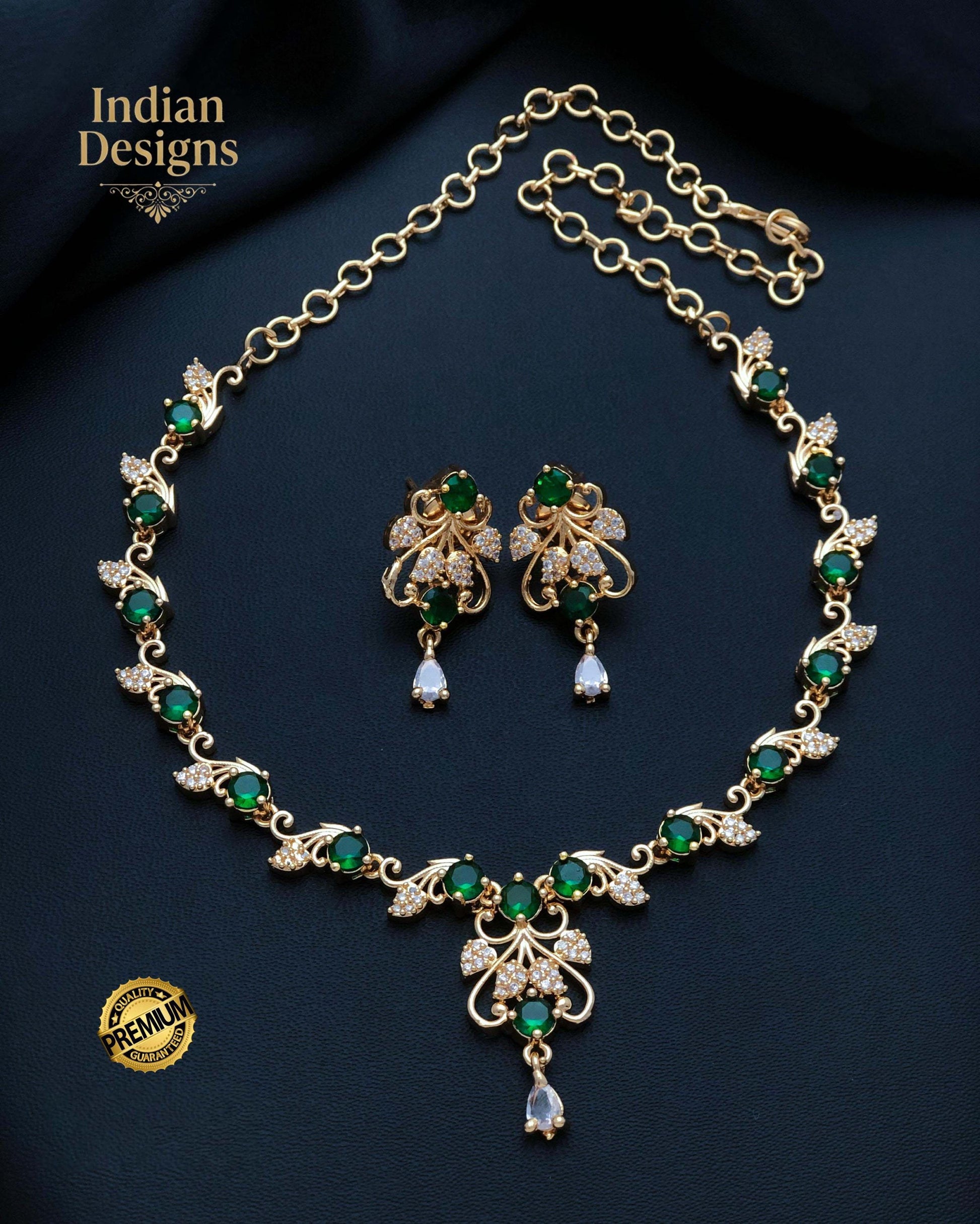 Gold Plated CZ Stone Floral Necklace Earring Set| Dainty Indian Jewelry| Statement choker set| Gift for her