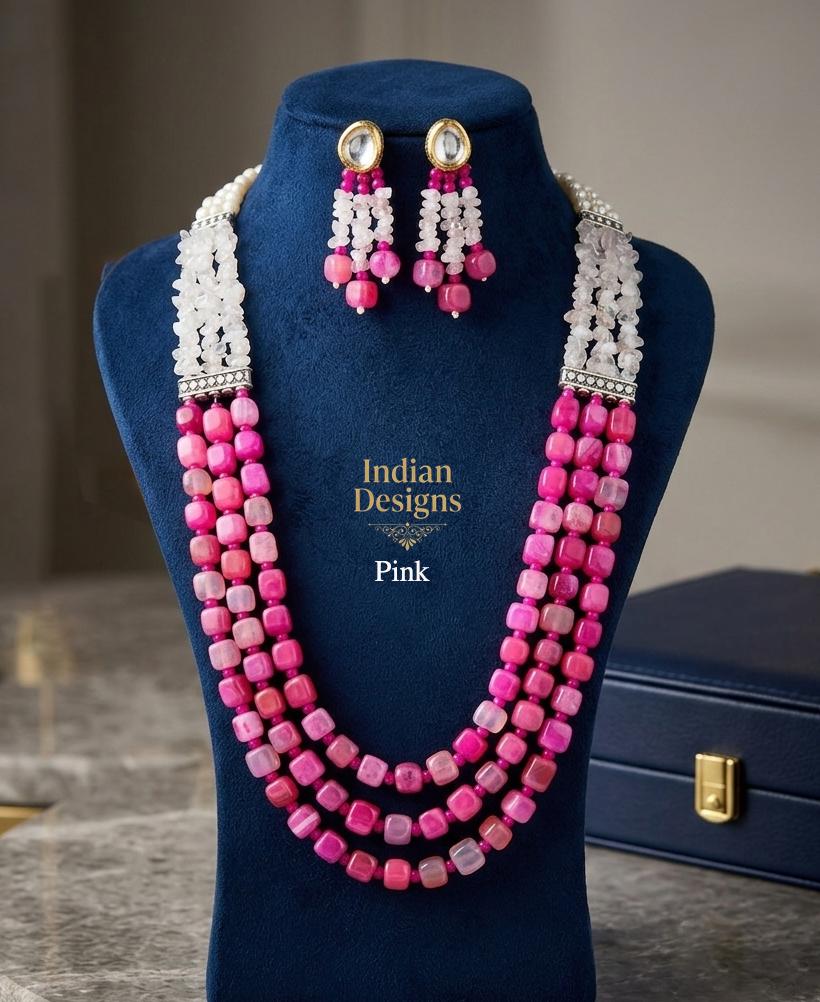 Multi-Strand Indian Beaded Mala Necklace and Kundan Earrings Set| Layered Beaded Haar Bridal Jewelry| Wedding Partywear Necklace for Women