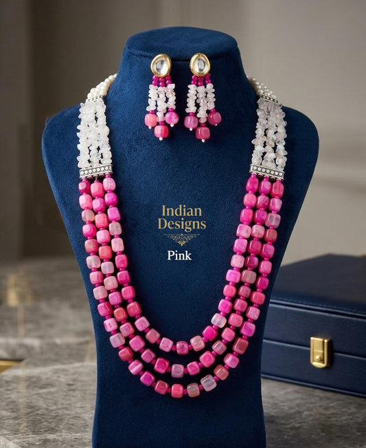 Multi-Strand Indian Beaded Mala Necklace and Kundan Earrings Set| Layered Beaded Haar Bridal Jewelry| Wedding Partywear Necklace for Women