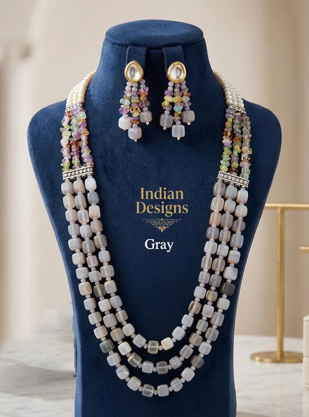 Multi-Strand Indian Beaded Mala Necklace and Kundan Earrings Set| Layered Beaded Haar Bridal Jewelry| Wedding Partywear Necklace for Women