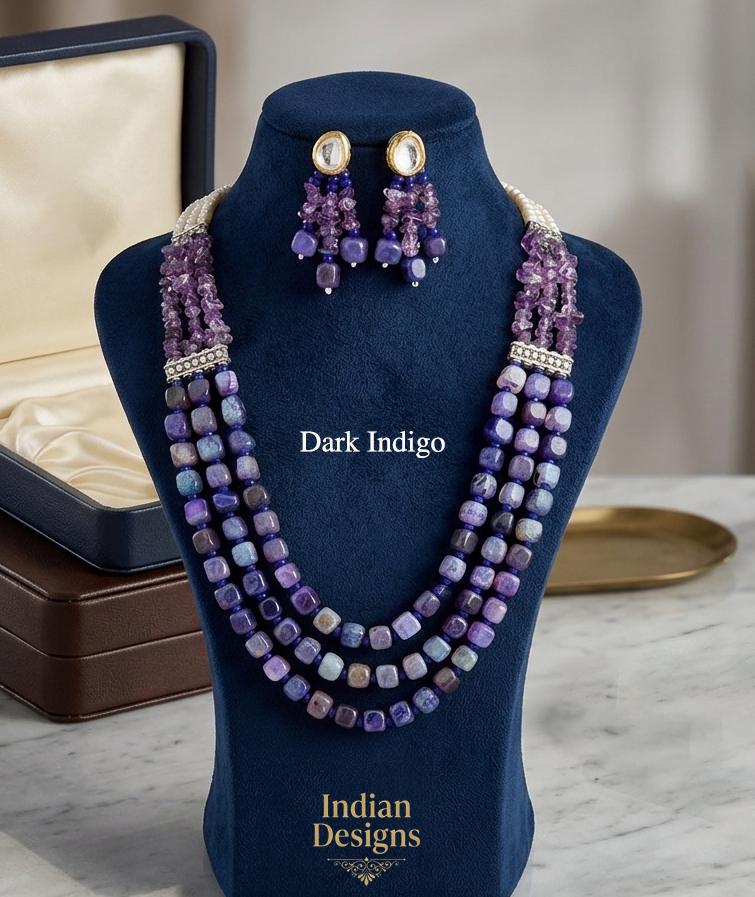 Multi-Strand Indian Beaded Mala Necklace and Kundan Earrings Set| Layered Beaded Haar Bridal Jewelry| Wedding Partywear Necklace for Women