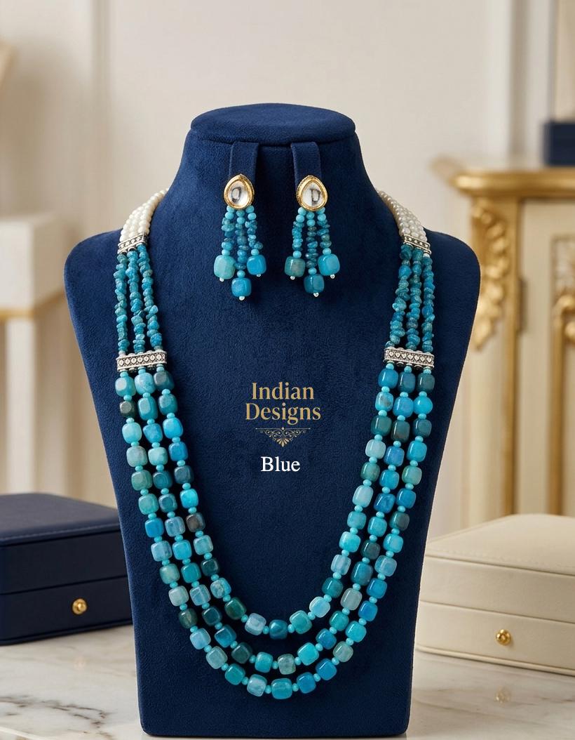 Multi-Strand Indian Beaded Mala Necklace and Kundan Earrings Set| Layered Beaded Haar Bridal Jewelry| Wedding Partywear Necklace for Women