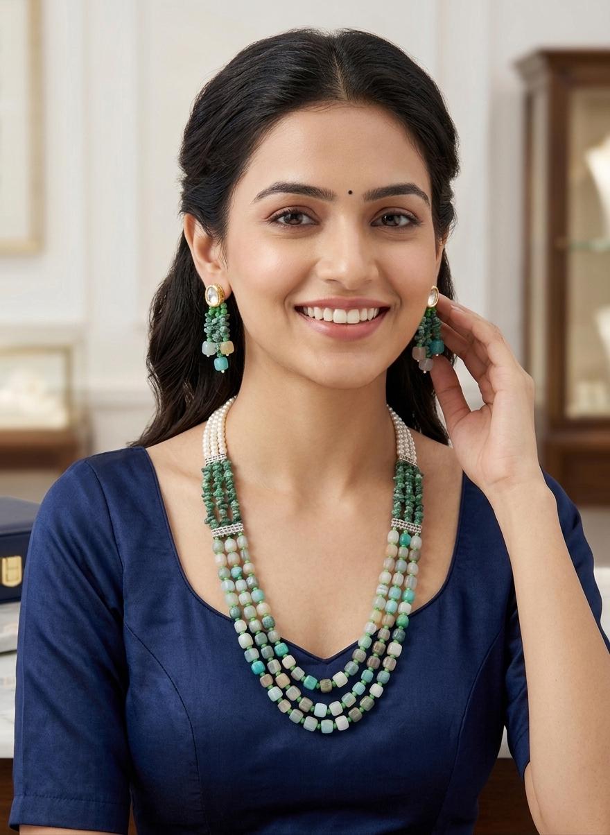 Multi-Strand Indian Beaded Mala Necklace and Kundan Earrings Set| Layered Beaded Haar Bridal Jewelry| Wedding Partywear Necklace for Women