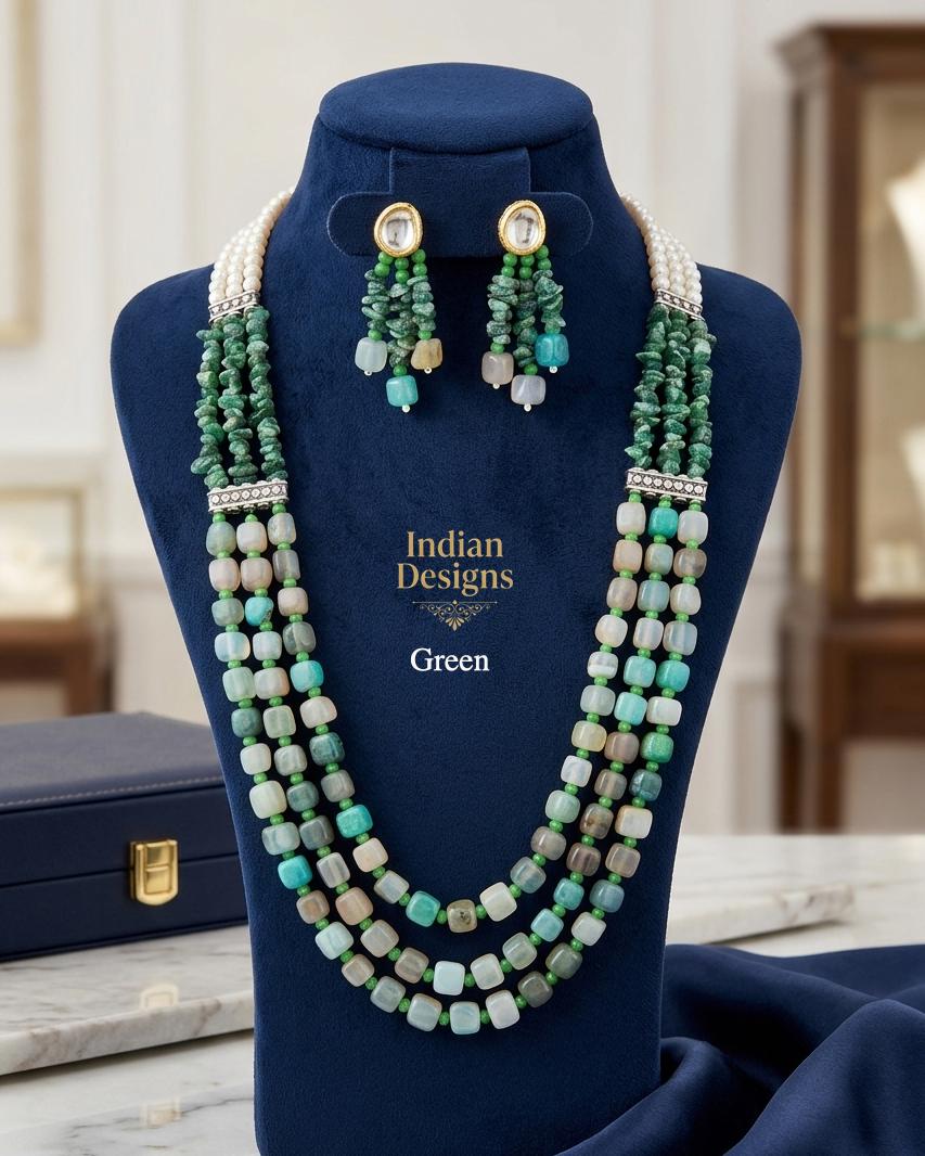 Multi-Strand Indian Beaded Mala Necklace and Kundan Earrings Set| Layered Beaded Haar Bridal Jewelry| Wedding Partywear Necklace for Women