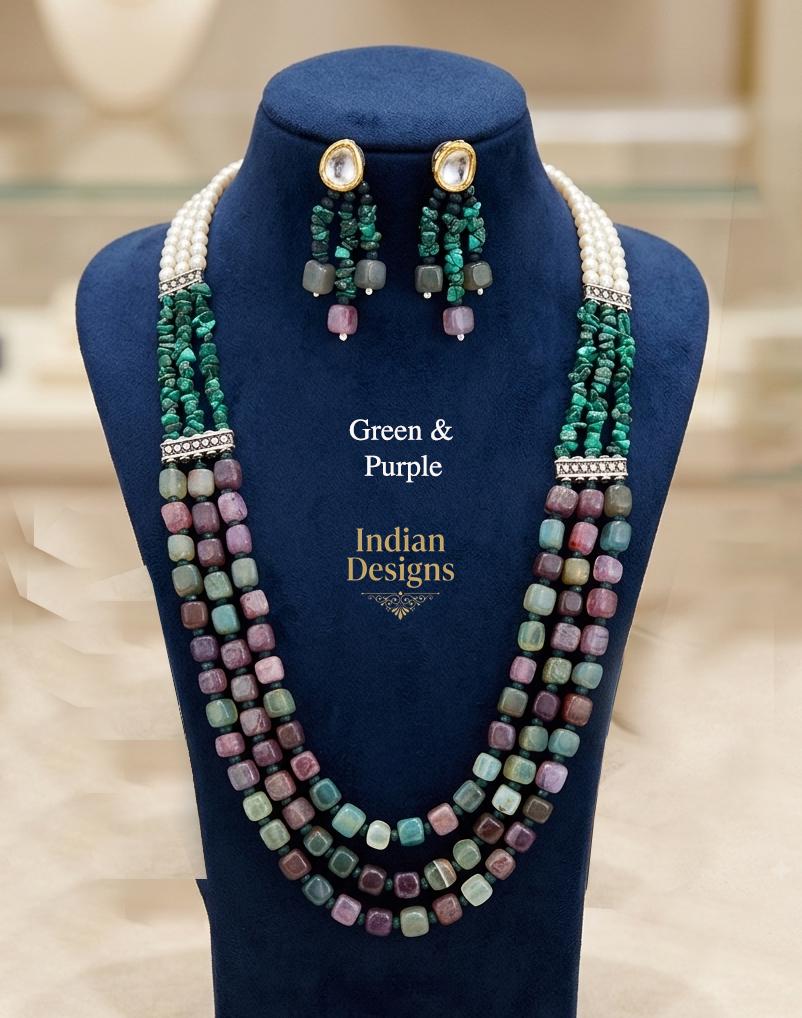 Multi-Strand Indian Beaded Mala Necklace and Kundan Earrings Set| Layered Beaded Haar Bridal Jewelry| Wedding Partywear Necklace for Women