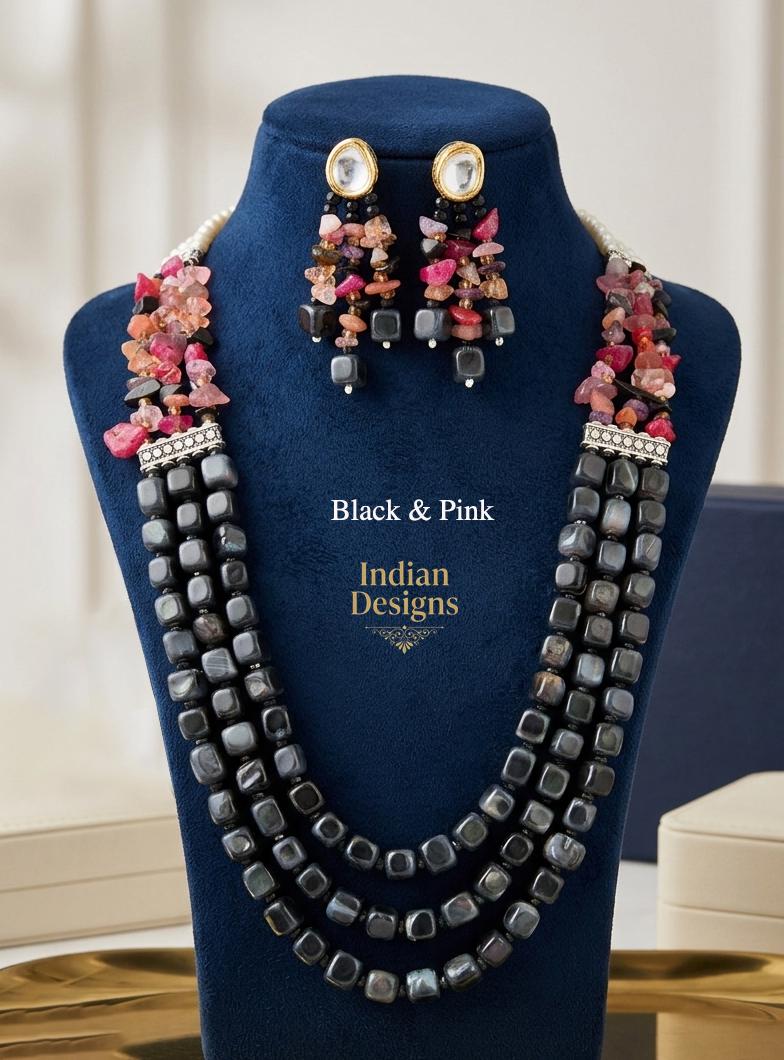 Multi-Strand Indian Beaded Mala Necklace and Kundan Earrings Set| Layered Beaded Haar Bridal Jewelry| Wedding Partywear Necklace for Women