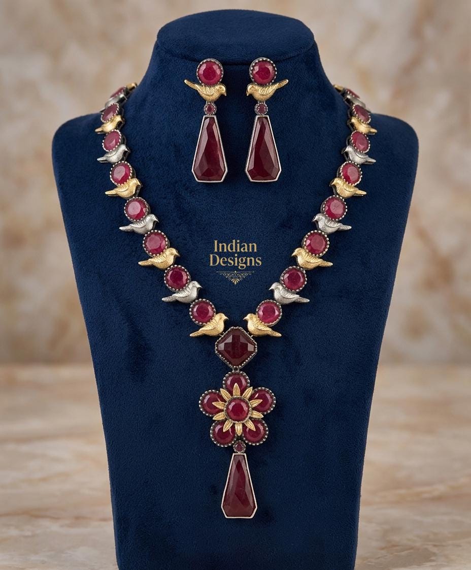 Dual Tone Bird Motif Necklace and Earring Set| Oxidized Silver Indian Jewelry| Ethnic Boho Floral Pendant Haram| Wedding Jewelry Set