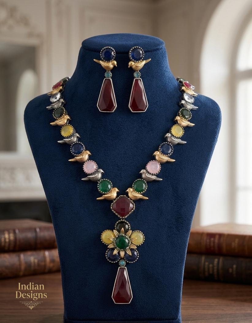 Dual Tone Bird Motif Necklace and Earring Set| Oxidized Silver Indian Jewelry| Ethnic Boho Floral Pendant Haram| Wedding Jewelry Set