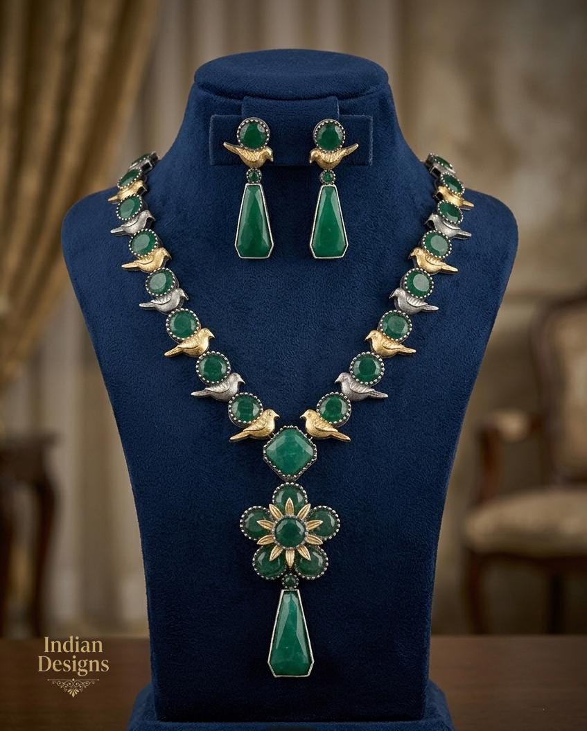 Dual Tone Bird Motif Necklace and Earring Set| Oxidized Silver Indian Jewelry| Ethnic Boho Floral Pendant Haram| Wedding Jewelry Set