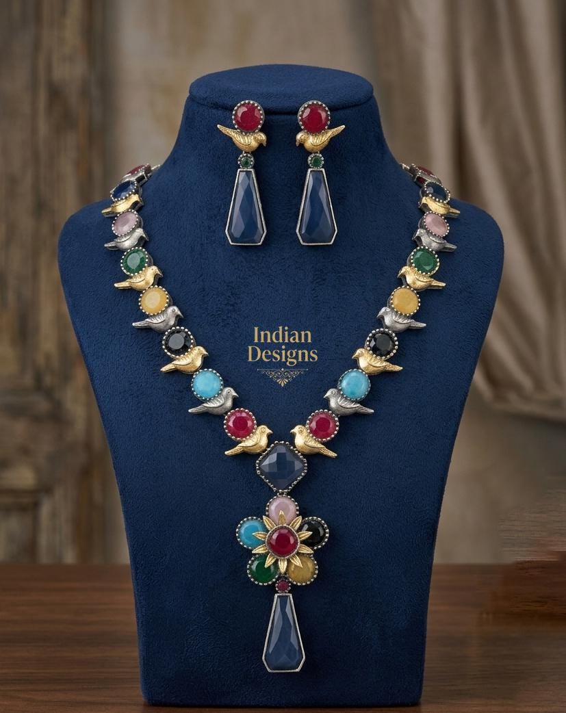 Dual Tone Bird Motif Necklace and Earring Set| Oxidized Silver Indian Jewelry| Ethnic Boho Floral Pendant Haram| Wedding Jewelry Set