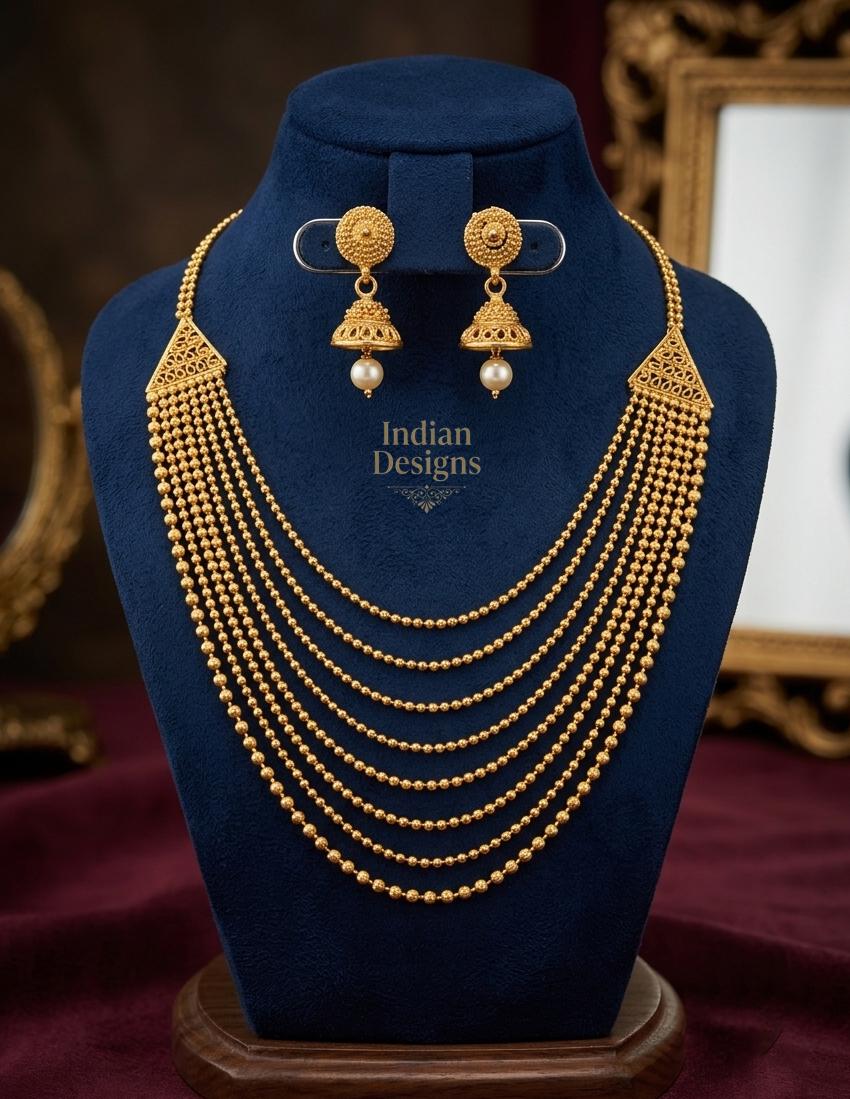 South Indian Bridal Jewelry| Matte Gold Peacock Rani Haar| Multi Layer Beaded Chain Necklace with Floral Jhumka Earrings| Temple Jewelry Set