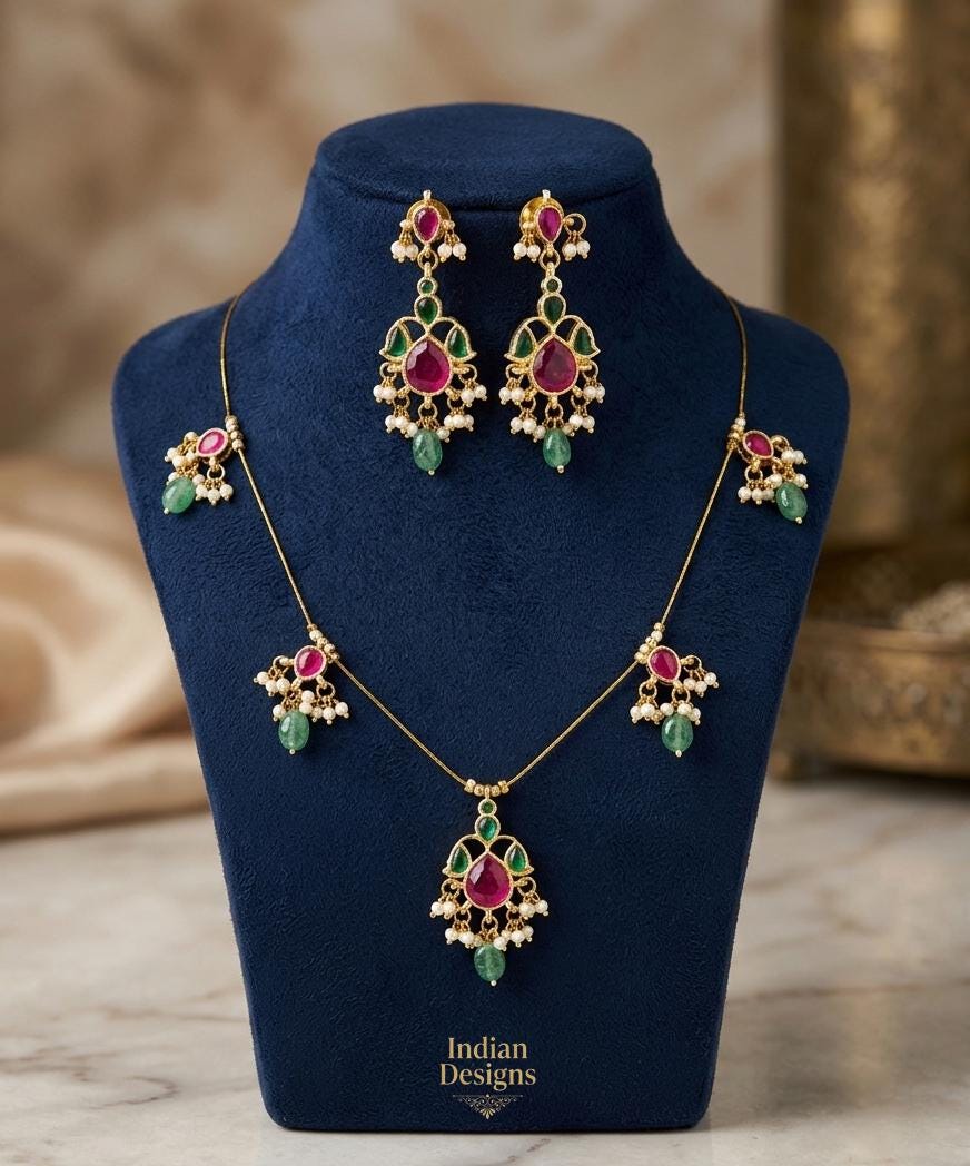 South Indian Jadau Kundan Invisible Necklace| Antique Kemp Pearl Attigai Necklace Set| Dainty Invisible Wire floating necklace with Earrings