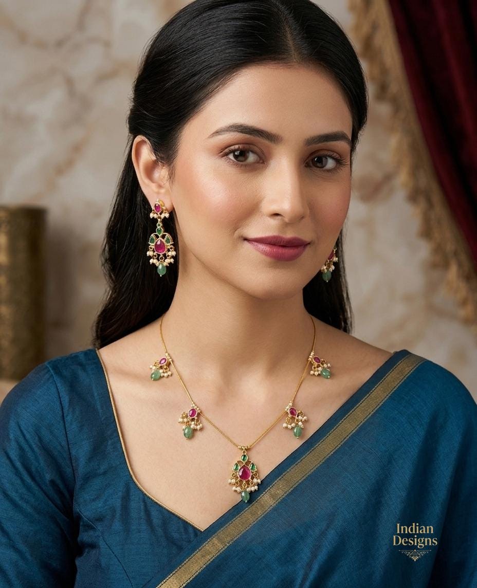 South Indian Jadau Kundan Invisible Necklace| Antique Kemp Pearl Attigai Necklace Set| Dainty Invisible Wire floating necklace with Earrings