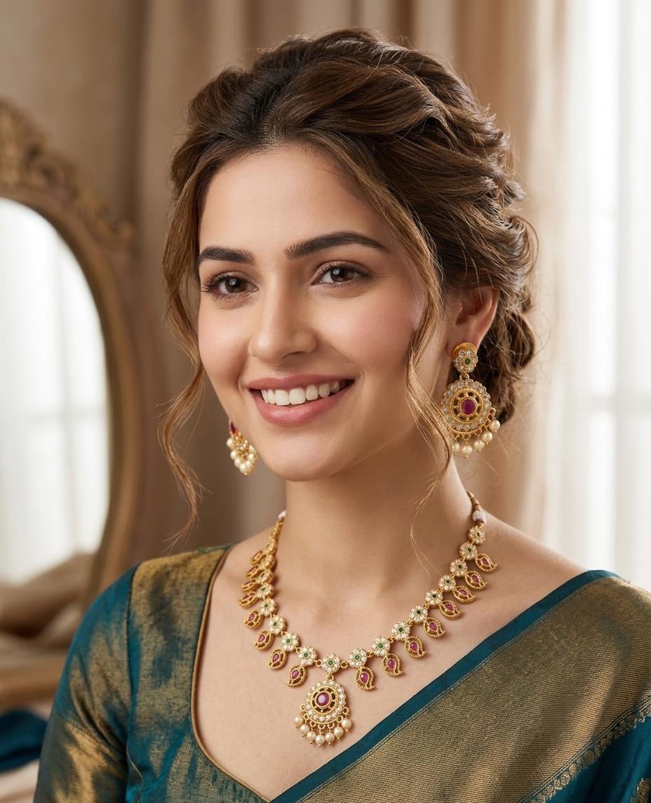 South Indian Bridal Necklace and Earrings| Gold Plated Temple Jewelry Set| CZ Ruby Emerald Choker| Mango mala necklace| Antique gold choker