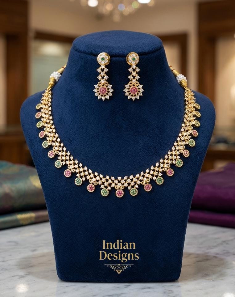 Indian CZ Necklace and Earring Set| Gold Plated South Indian Bridal Jewelry| Emerald Ruby Floral Collar Necklace, Bollywood Wedding Jewelry