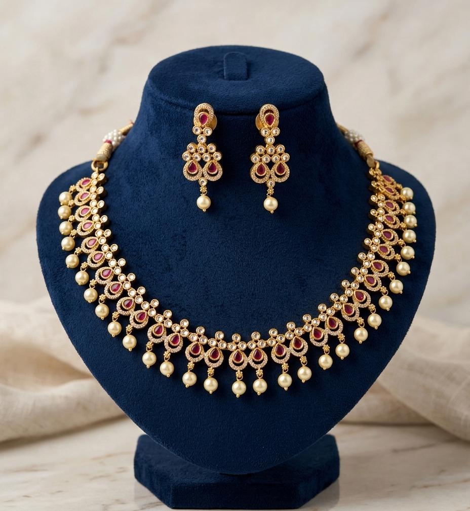 Indian Pearl Choker Necklace Set with Earrings| Gold Plated CZ Kemp Stone Bridal Jewelry| South Indian Temple Jewelry| Pakistani Wedding Set