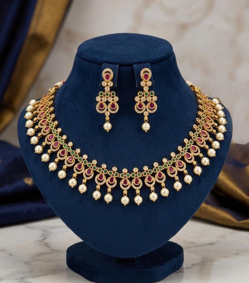 Indian Pearl Choker Necklace Set with Earrings| Gold Plated CZ Kemp Stone Bridal Jewelry| South Indian Temple Jewelry| Pakistani Wedding Set