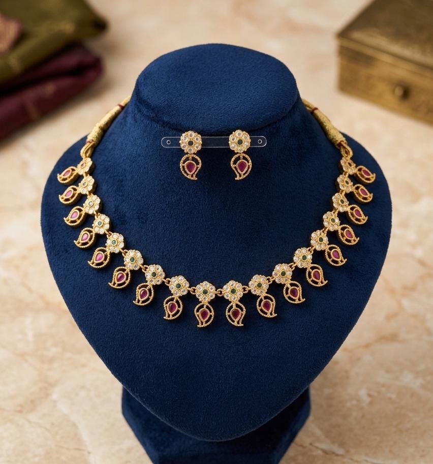 South Indian Mango Necklace Earring Set| Gold Plated Ruby Kemp Floral Choker| Manga Malai Temple Jewelry| Traditional Bridal Festive Jewelry