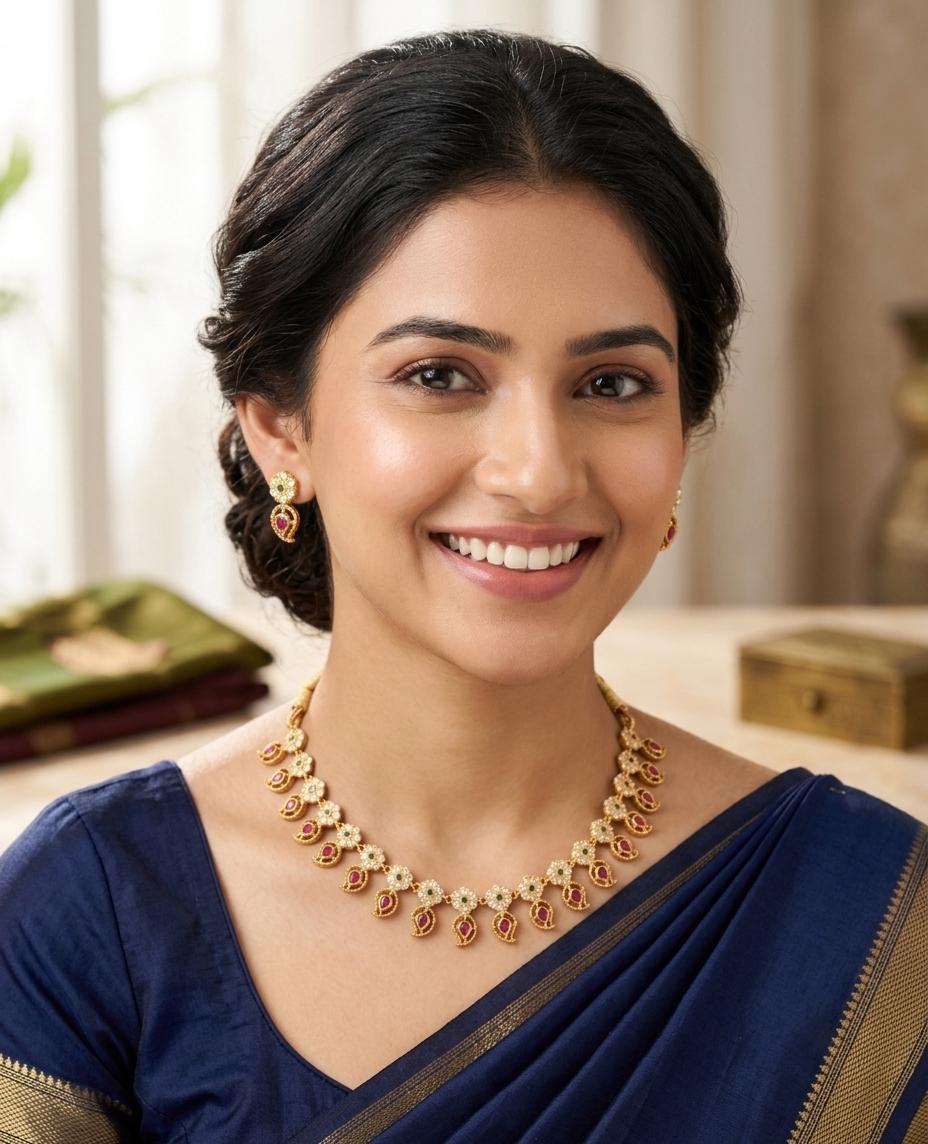 South Indian Mango Necklace Earring Set| Gold Plated Ruby Kemp Floral Choker| Manga Malai Temple Jewelry| Traditional Bridal Festive Jewelry