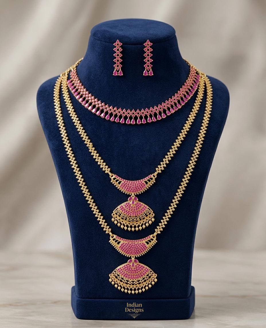 South Indian Bridal Necklace Set, Gold Plated CZ Haram Long Necklace, Choker & Earrings, Ruby Emerald Bridal Jewelry, Temple Wedding Set