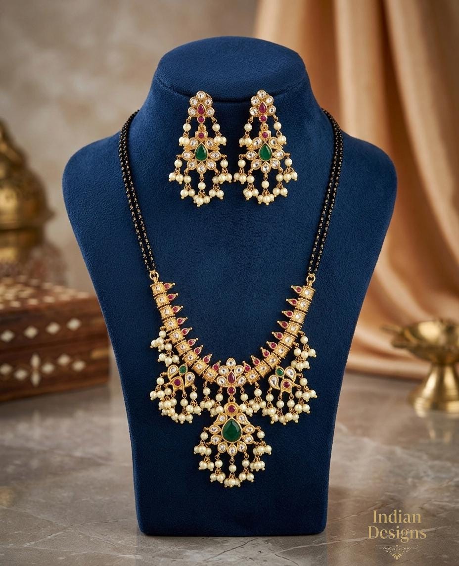 Indian Gold Plated Mangalsutra Necklace Set with Earrings| Emerald Green Ruby Kundan Bridal Jewelry| Black Beads Long Chain|Traditional Gift