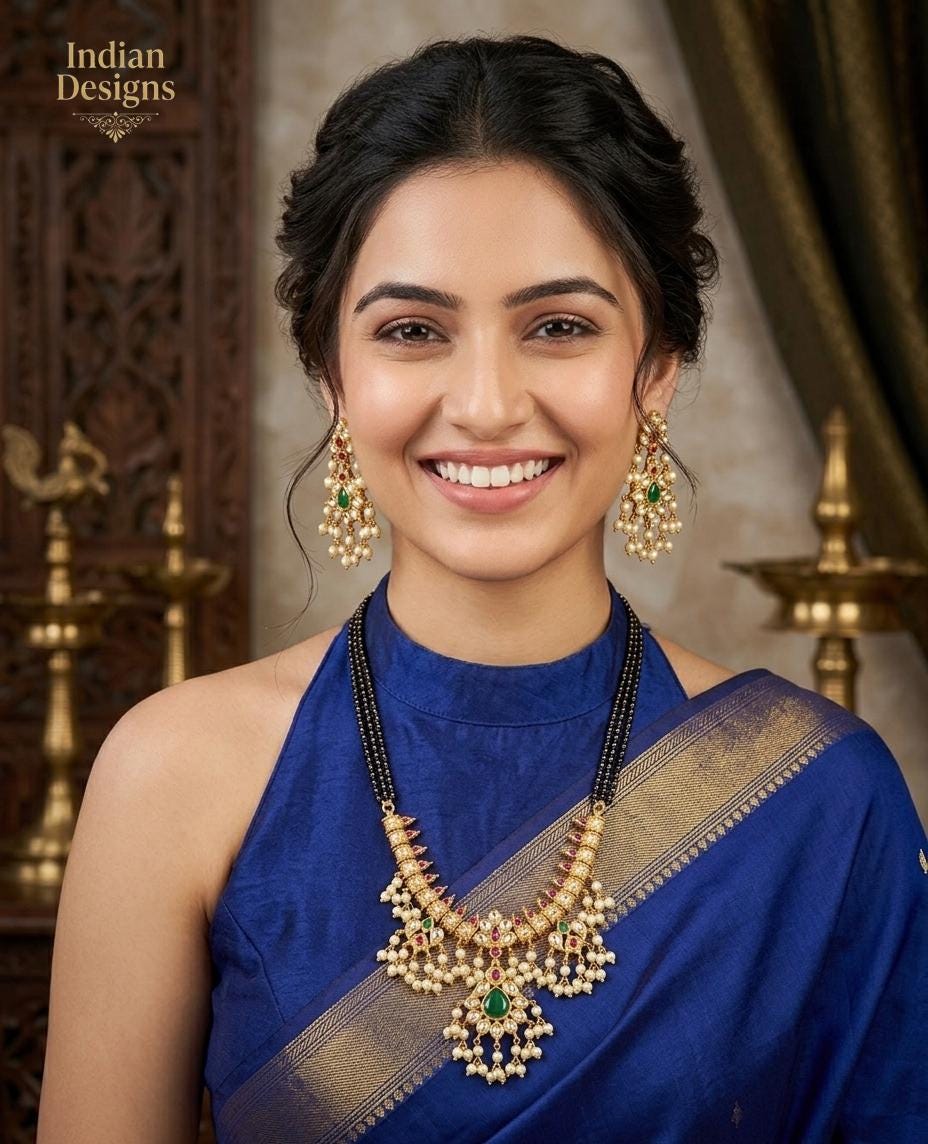 Indian Gold Plated Mangalsutra Necklace Set with Earrings| Emerald Green Ruby Kundan Bridal Jewelry| Black Beads Long Chain|Traditional Gift