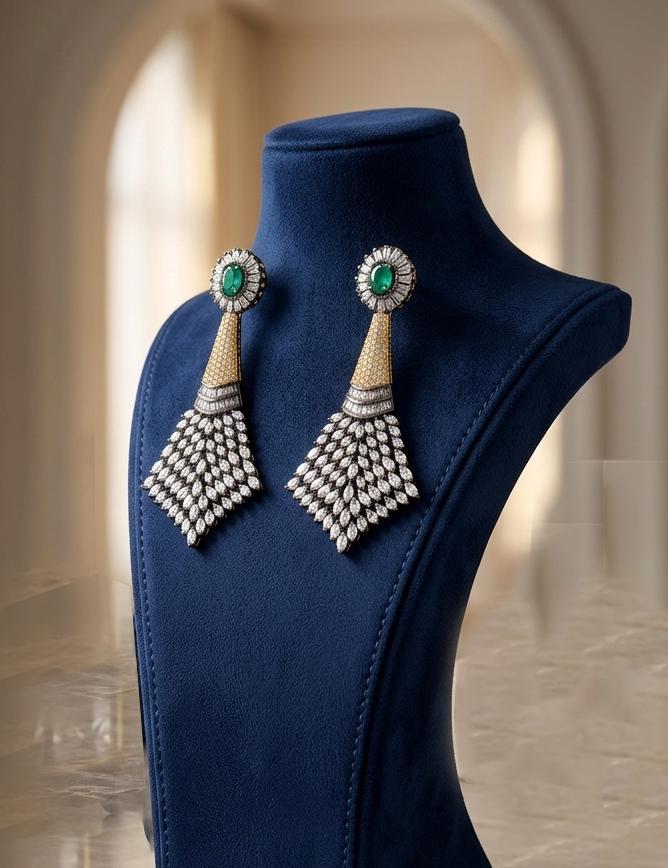 AD Stone Drop Earrings with Emerald Green Studs| Black Polish American Diamond Dangle Earrings| CZ Cocktail Party Jewelry| Gift for her
