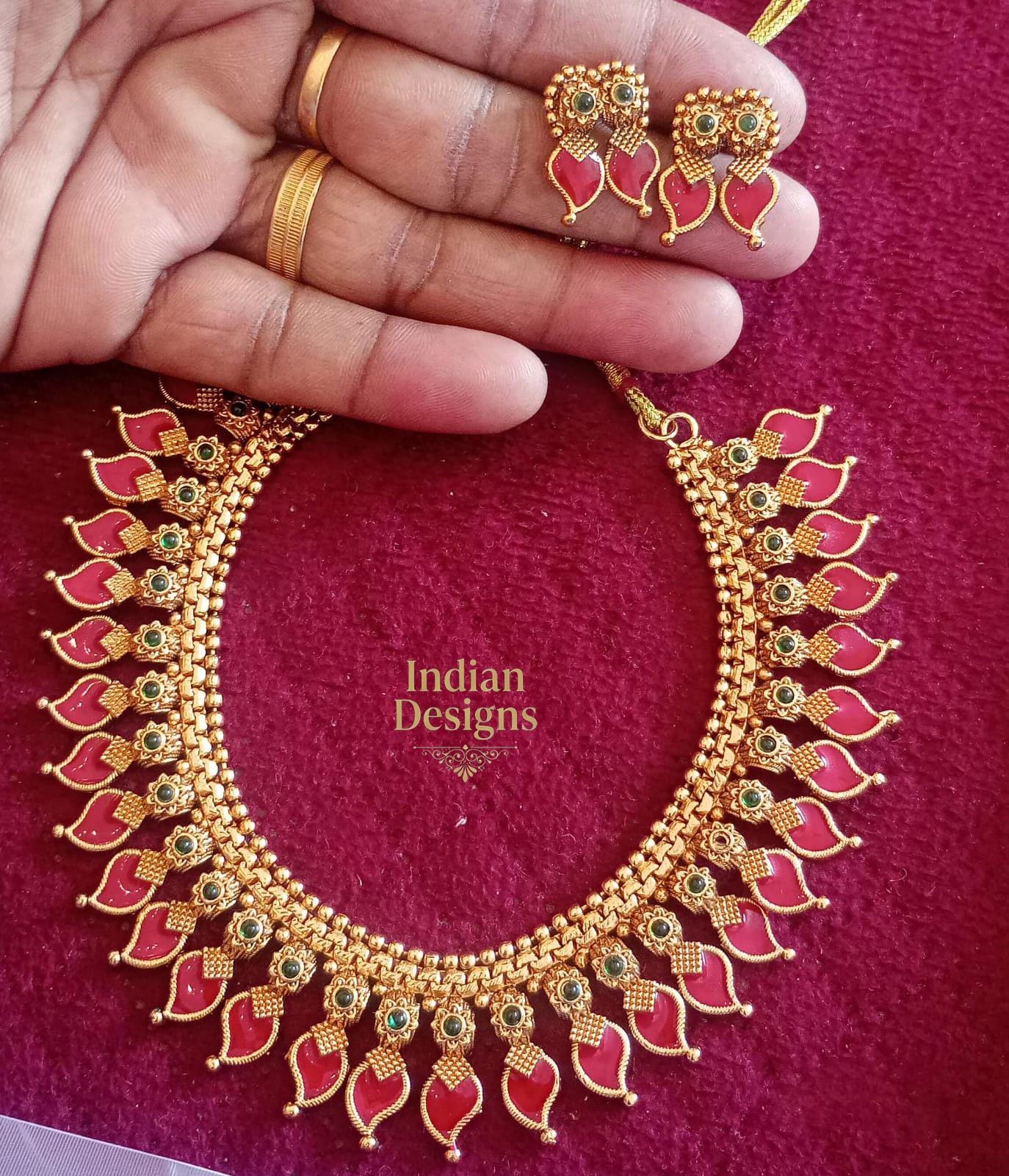 South Indian Temple Mango Necklace Set with Stud Earrings| Traditional Kerala Choker| Matte Gold Plated Jewelry, Traditional Festive Wear
