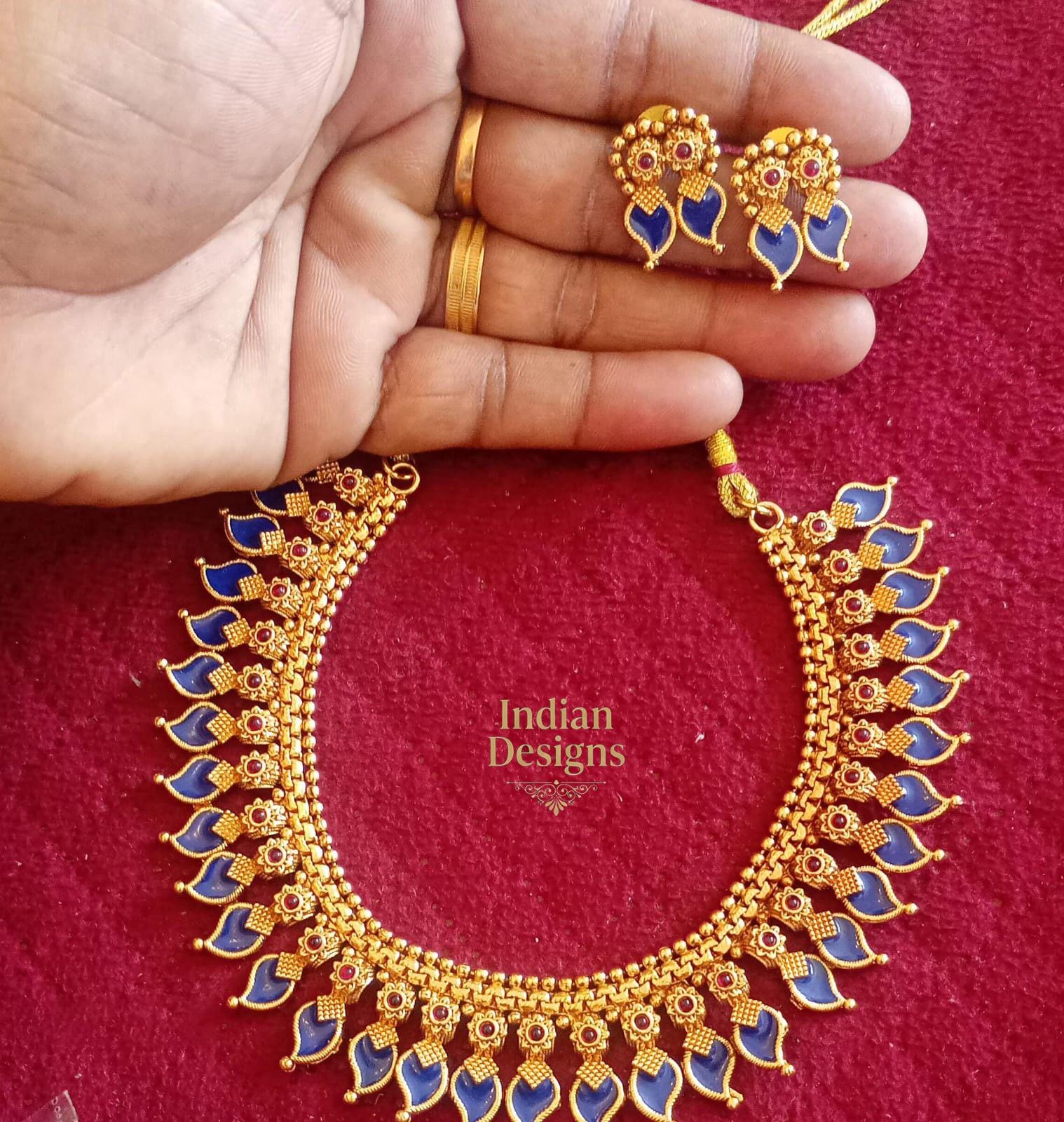 South Indian Temple Mango Necklace Set with Stud Earrings| Traditional Kerala Choker| Matte Gold Plated Jewelry, Traditional Festive Wear