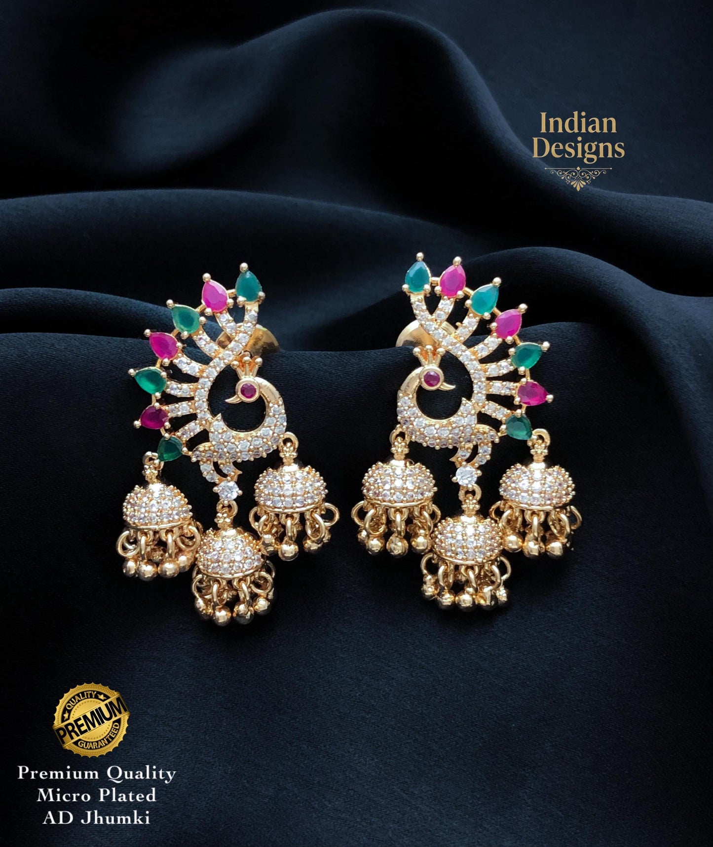 Indian Jhumka Earrings| AD Stone Chandbali Earrings| Gold Tone Bridal Jewelry| Pink Green Statement Earrings| Gift for her
