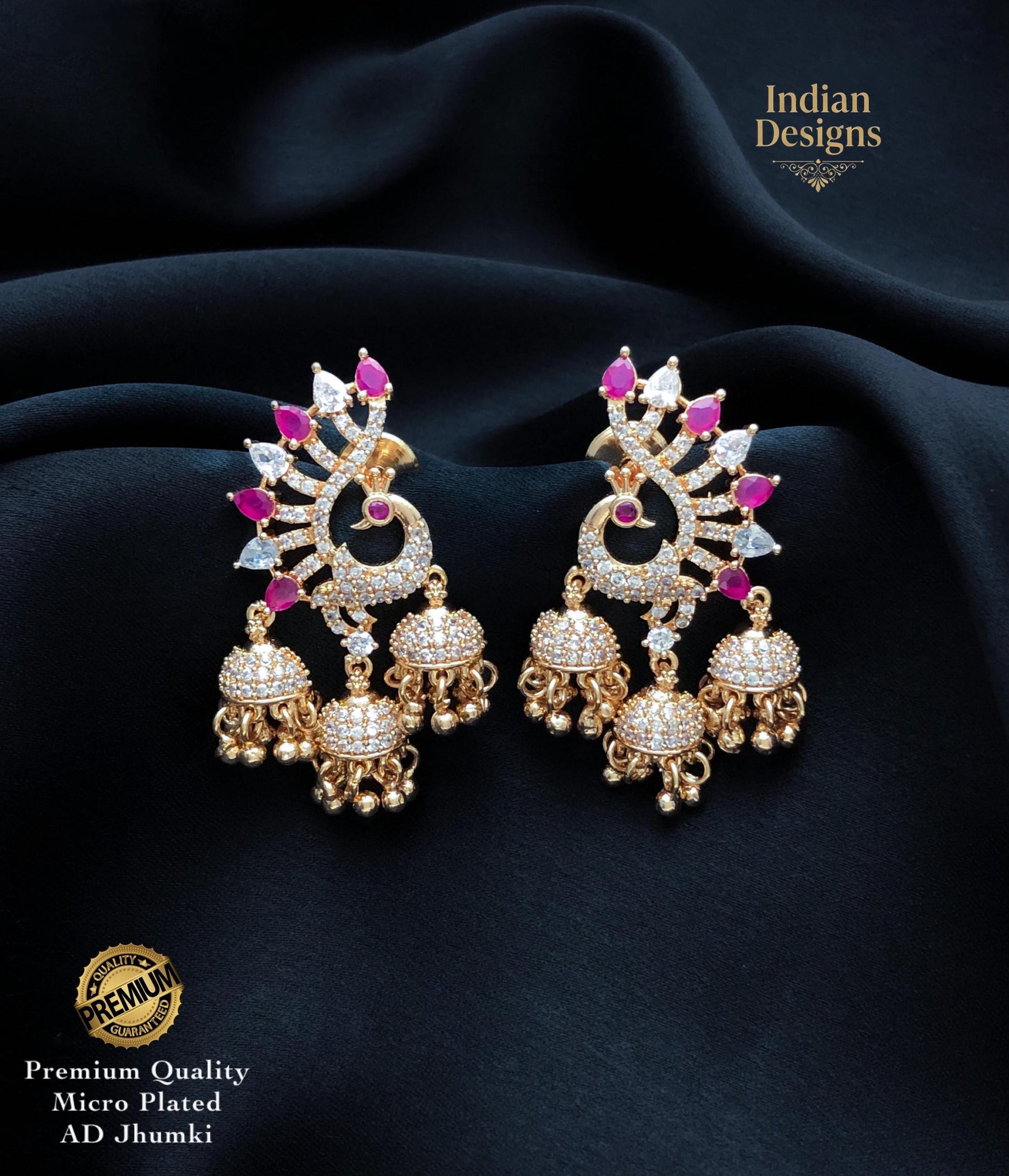Indian Jhumka Earrings| AD Stone Chandbali Earrings| Gold Tone Bridal Jewelry| Pink Green Statement Earrings| Gift for her