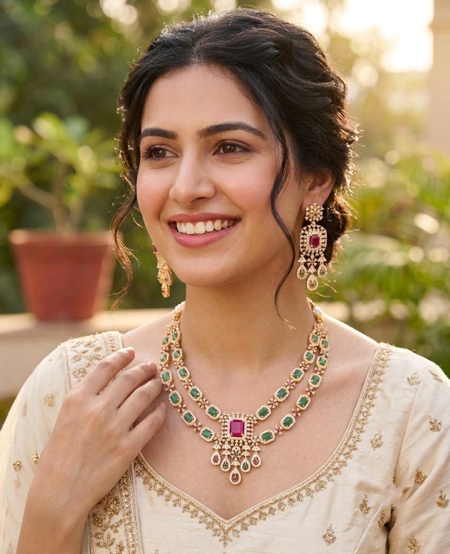 Ruby Pink AD stone Bridal Necklace Set| Two layer American Diamond necklace| Indian Wedding jewelry set| Gift for her