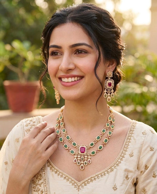 Ruby Pink AD stone Bridal Necklace Set| Two layer American Diamond necklace| Indian Wedding jewelry set| Gift for her