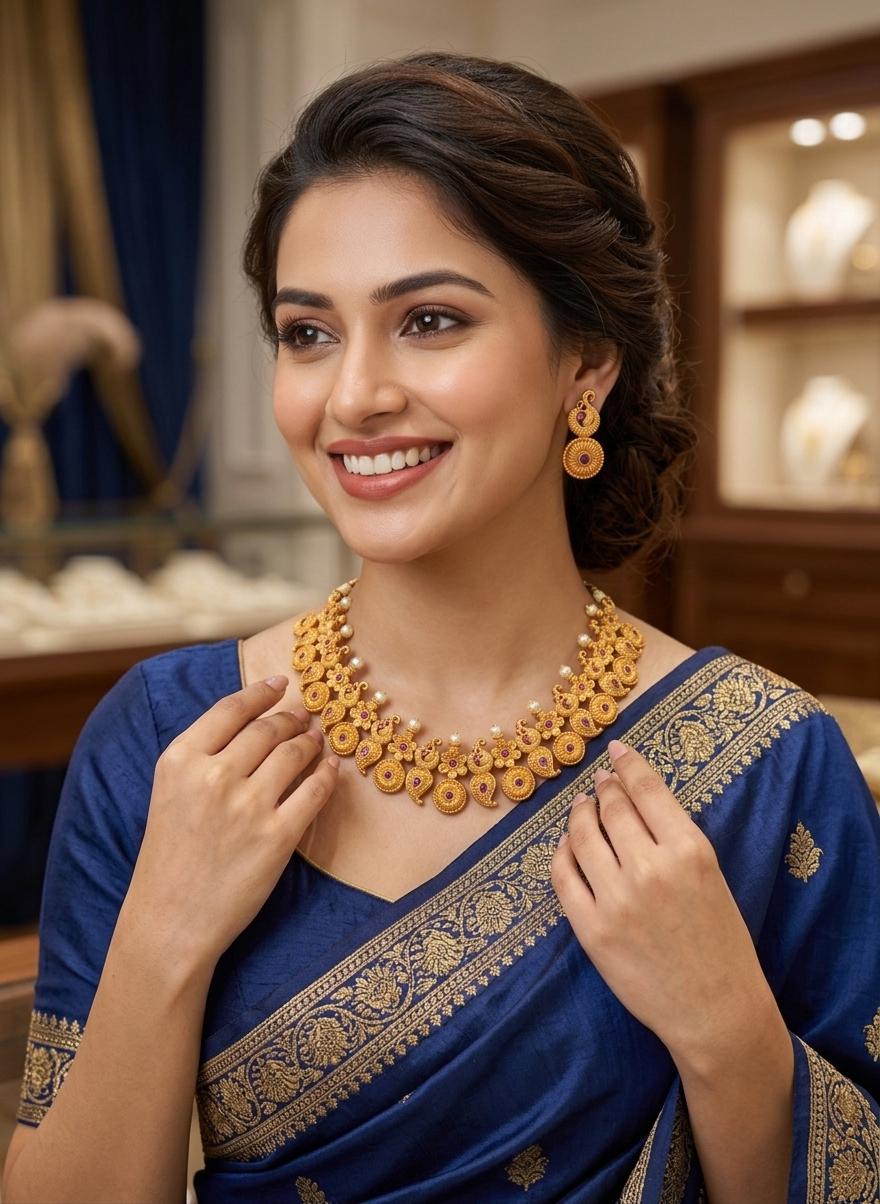 Indian Antique Gold Necklace Set| Reddish Gold Finish South Indian Bridal Jewelry| Peacock Paisley CZ Necklace & Matching Earrings