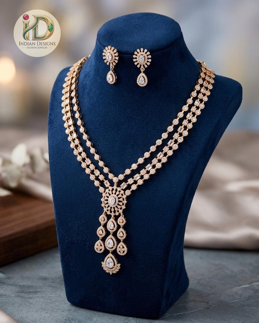 Rose Gold American Diamond Necklace Set with Earrings| CZ stone Layered Statement Necklace| Sabyasachi Style Wedding Jewelry| Gift for her