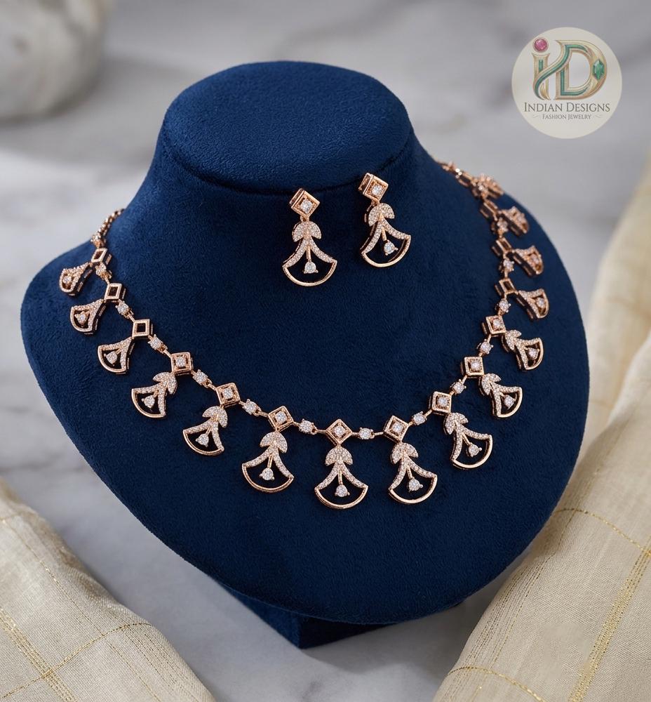 Rose Gold American Diamond Necklace Set with Earrings|Minimalist Wedding Choker| Fan Motif CZ Collar Necklace| Modern Indian Bridal Jewelry