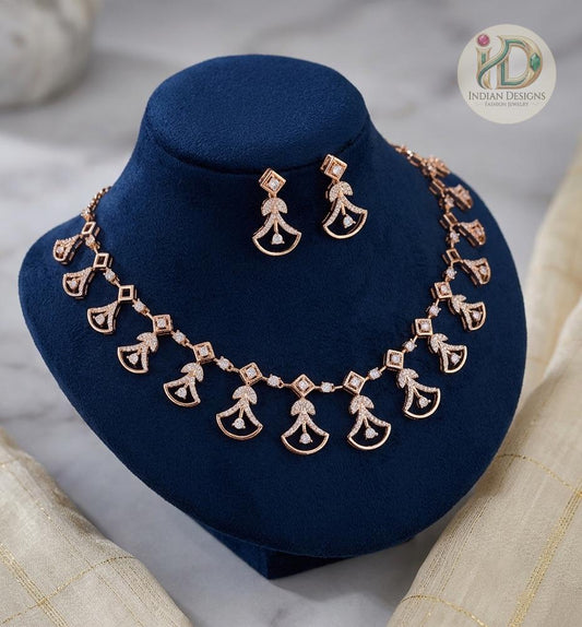 Rose Gold American Diamond Necklace Set with Earrings|Minimalist Wedding Choker| Fan Motif CZ Collar Necklace| Modern Indian Bridal Jewelry