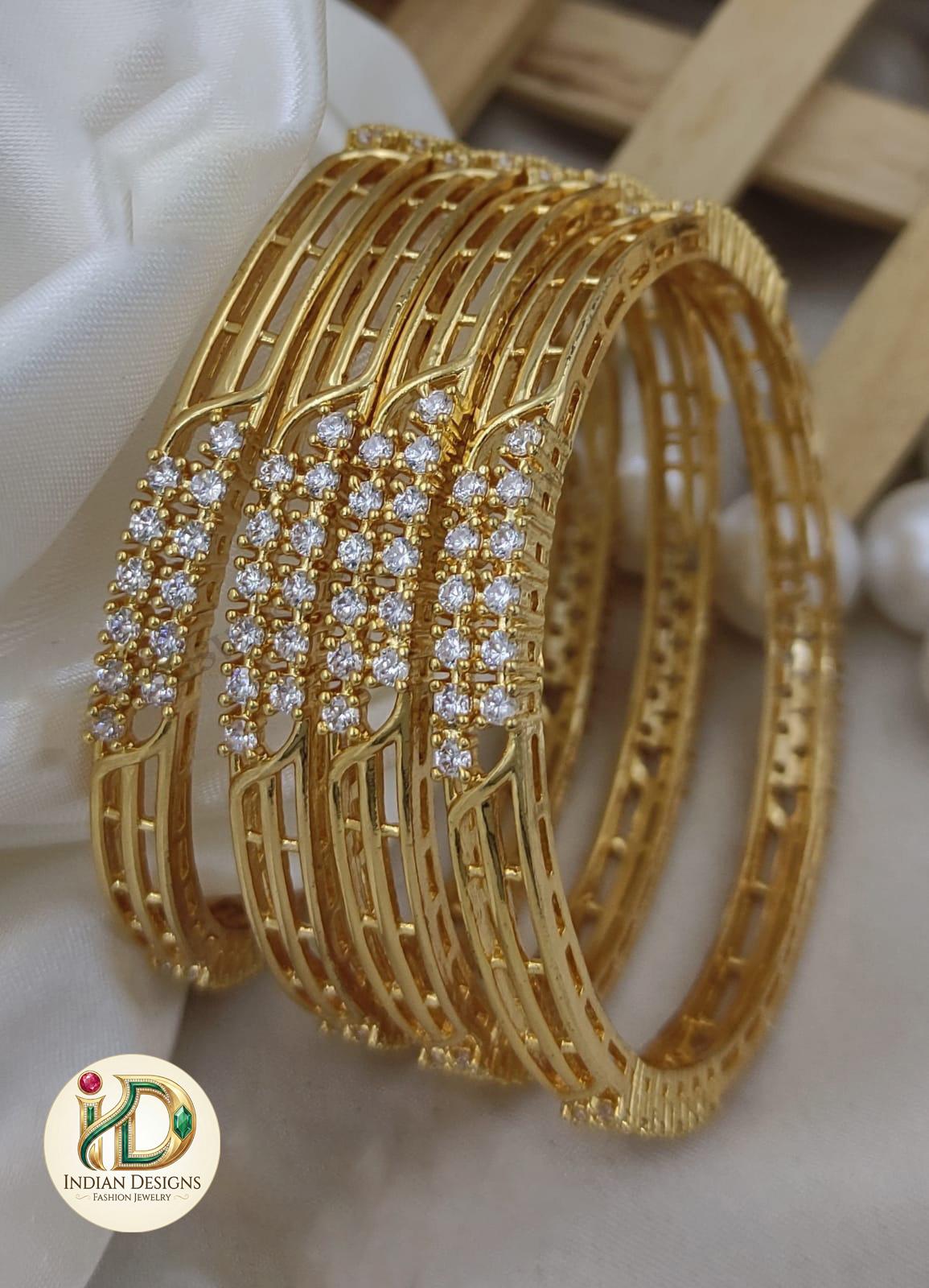 Gold Plated CZ Bangles Set of 4| Openwork Cutout Indian Bangles| American Diamond Traditional Bracele| Festive Bangles| gift for her