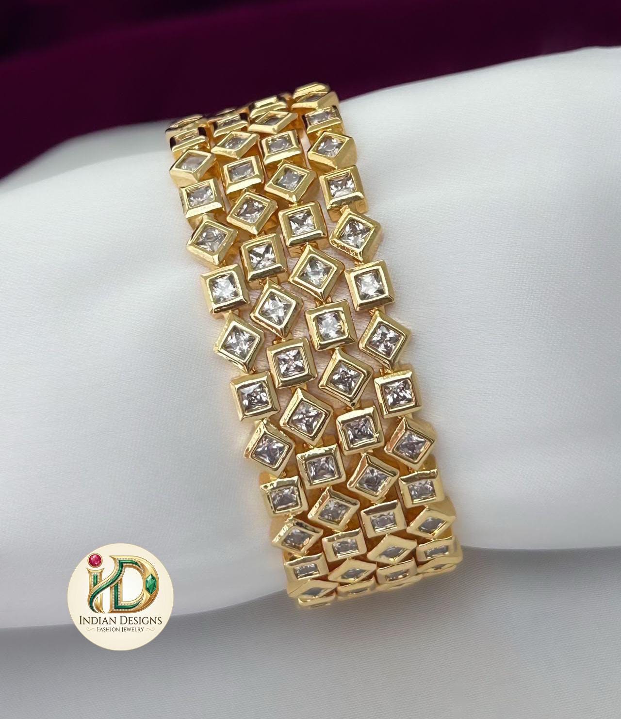 Gold Plated CZ Bangles Set of 4| Princess Cut American Diamond Bangles| Geometric Rhombus Indian Bangles| Bollywood Bridal Bangles for her