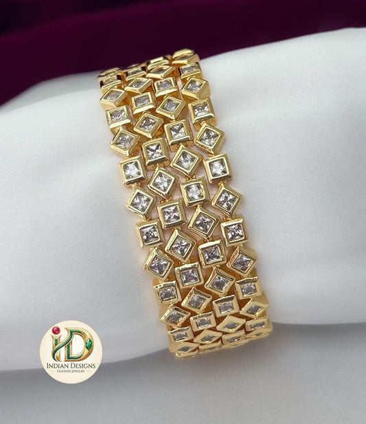 Gold Plated CZ Bangles Set of 4| Princess Cut American Diamond Bangles| Geometric Rhombus Indian Bangles| Bollywood Bridal Bangles for her