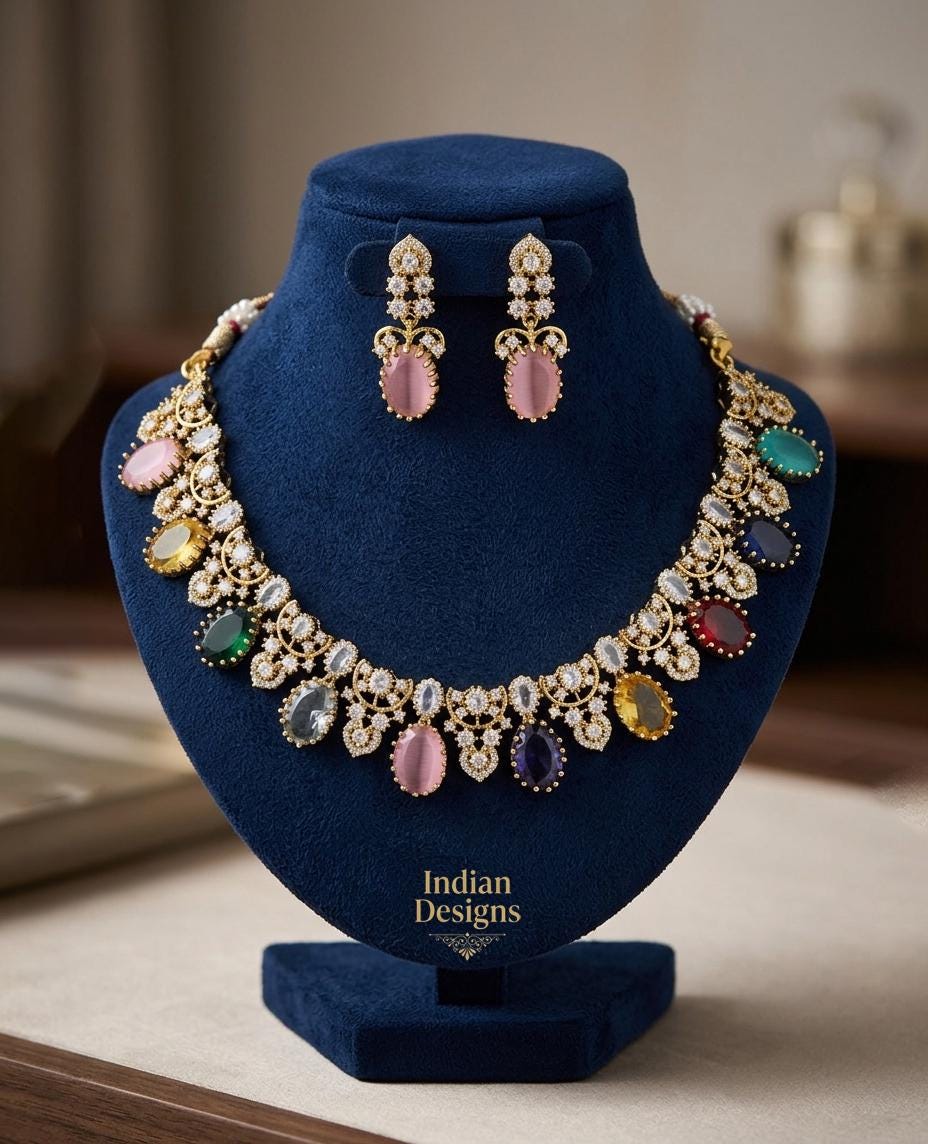 Indian Bridal Necklace Set with Earrings| Kundan Style Statement Jewelry| Pink Green Gemstone Necklace| Wedding Jewelry Set|, Gift for Her