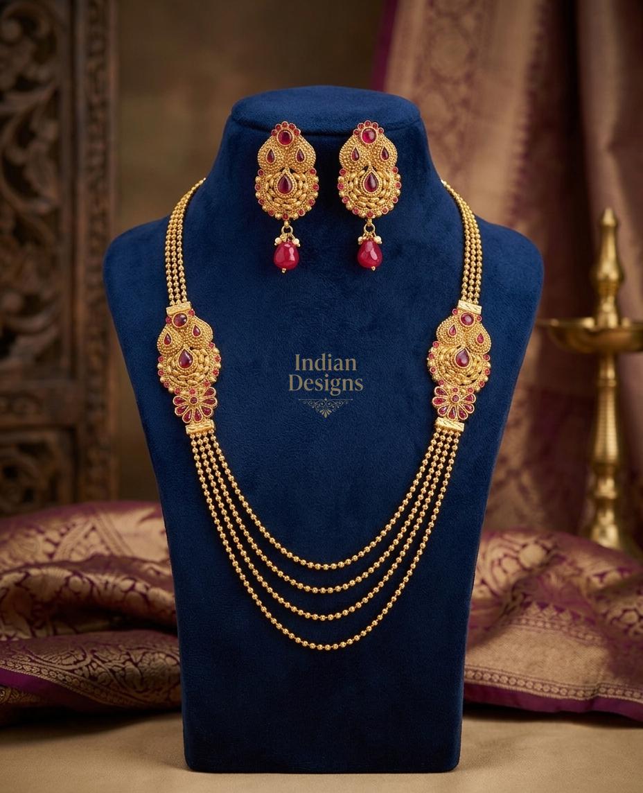 Indian Bridal Necklace Set with Earrings| Ruby Red Bridal Jewelry| South Indian Wedding Jewelry| Traditional Temple Style Necklace