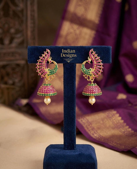 Peacock Jhumka Earrings| Indian CZ Stone Jhumkas| Ruby Emerald Gold Plated Dangle Earrings| South Indian Bridal Jewelry| Bollywood Jhumki