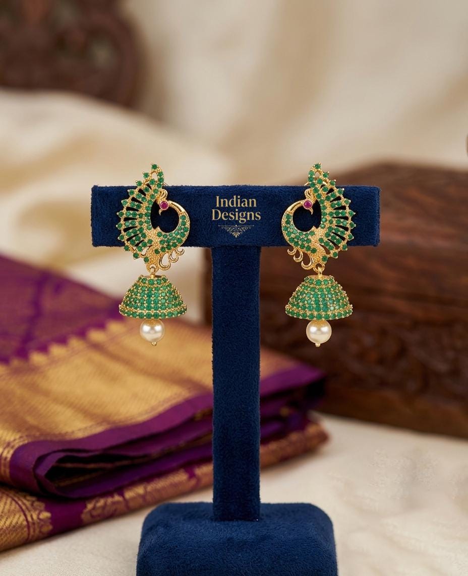 Peacock Jhumka Earrings| Indian CZ Stone Jhumkas| Ruby Emerald Gold Plated Dangle Earrings| South Indian Bridal Jewelry| Bollywood Jhumki