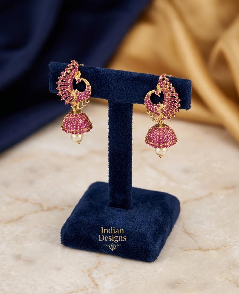 Peacock Jhumka Earrings| Indian CZ Stone Jhumkas| Ruby Emerald Gold Plated Dangle Earrings| South Indian Bridal Jewelry| Bollywood Jhumki