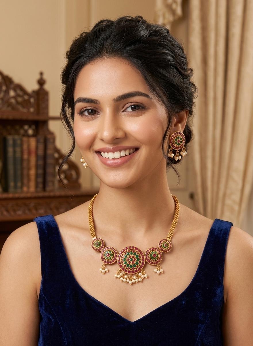 South Indian Temple Jewelry Set| Antique Matte Gold Choker Necklace with Matching Stud Earrings| Pink & Emerald Green Kemp Stone Bridal Set