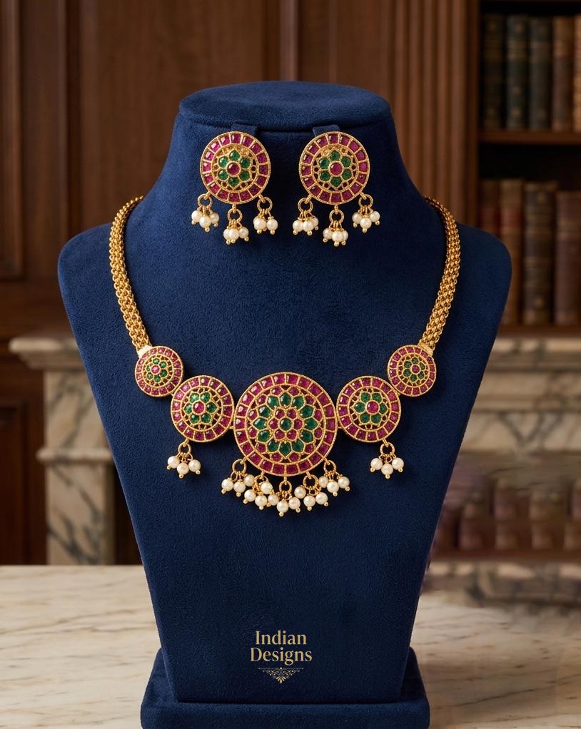 South Indian Temple Jewelry Set| Antique Matte Gold Choker Necklace with Matching Stud Earrings| Pink & Emerald Green Kemp Stone Bridal Set