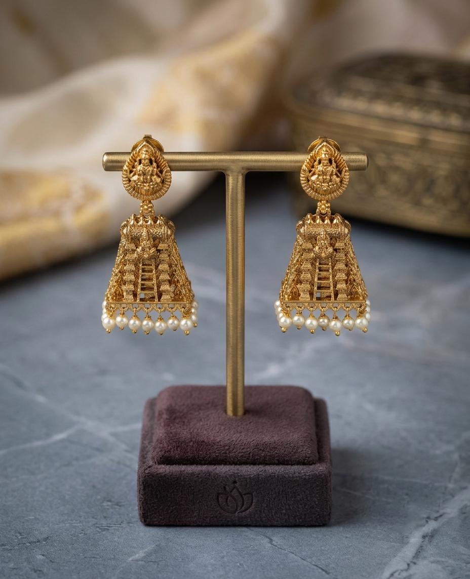 Antique gopuram Jhumka Earrings| South Indian Temple Jhumka Earrings with Pearl Drops| Matte Gold Lakshmi Jhumka Dangle| Gift for her
