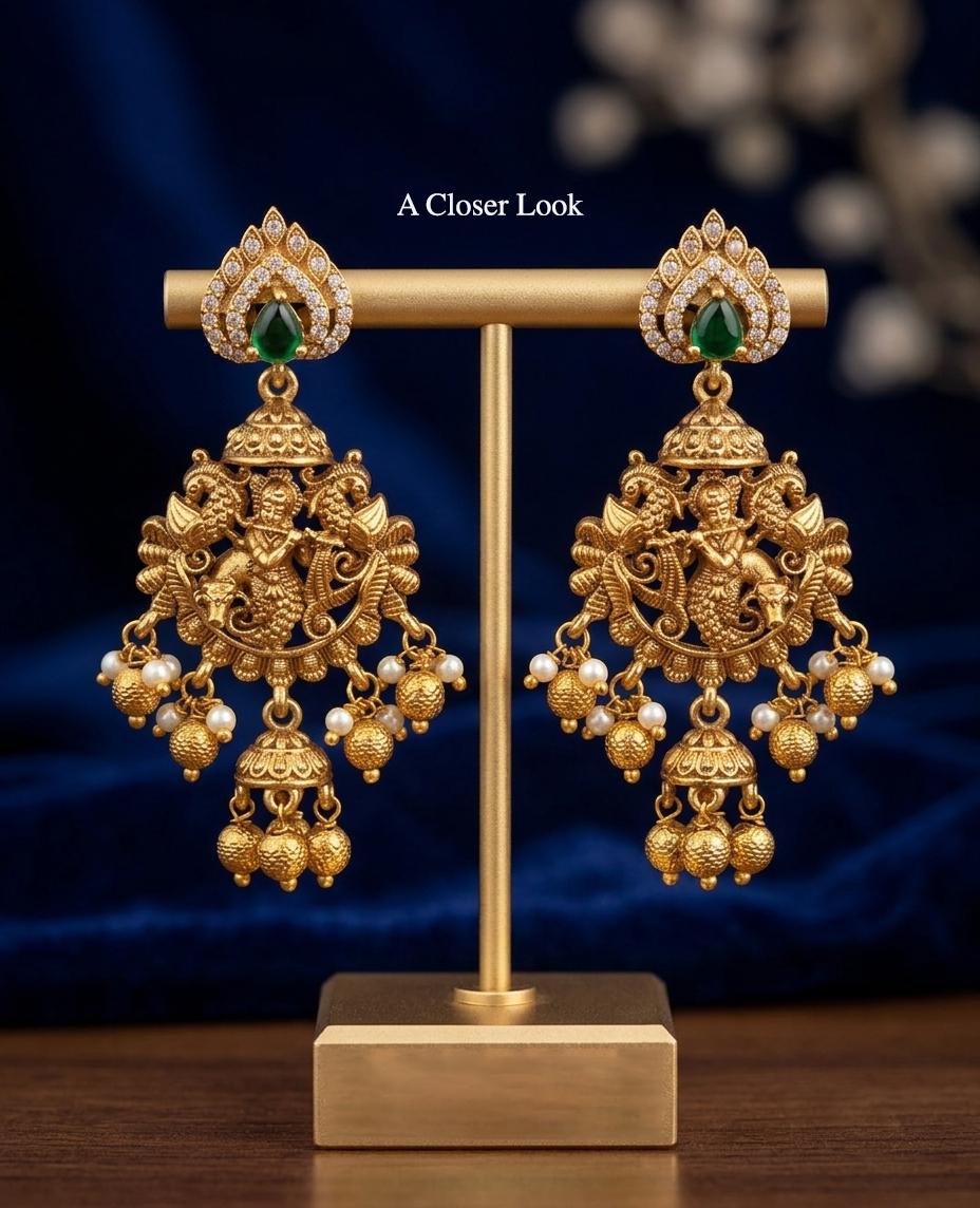 South Indian Temple Jewelry Earrings| Antique Gold Lord Krishna Jhumka| Traditional Bridal Statement Jewelry| Gift for her