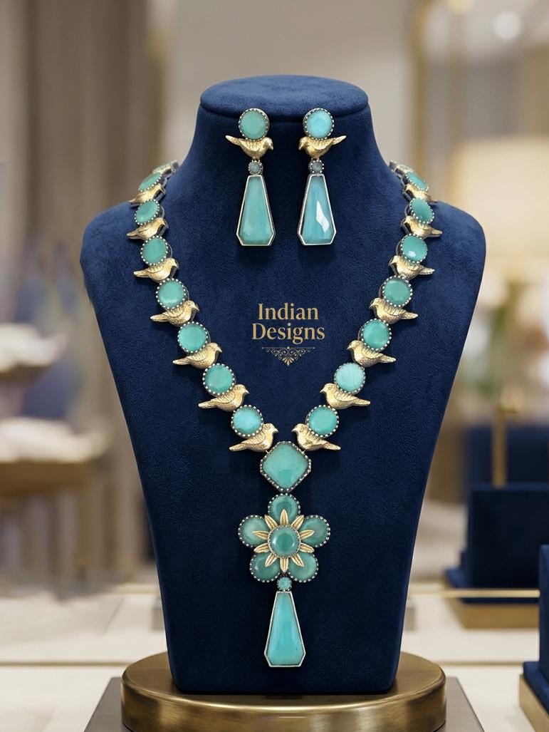 Dual Tone Bird Motif Necklace and Earring Set| Oxidized Silver Indian Jewelry| Ethnic Boho Floral Pendant Haram| Wedding Jewelry Set